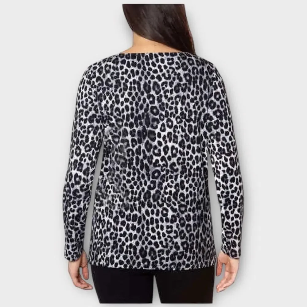 NWT Mario Serrani Grey Leopard Print Tunic Top Size M Soft Long Sleeve - P212